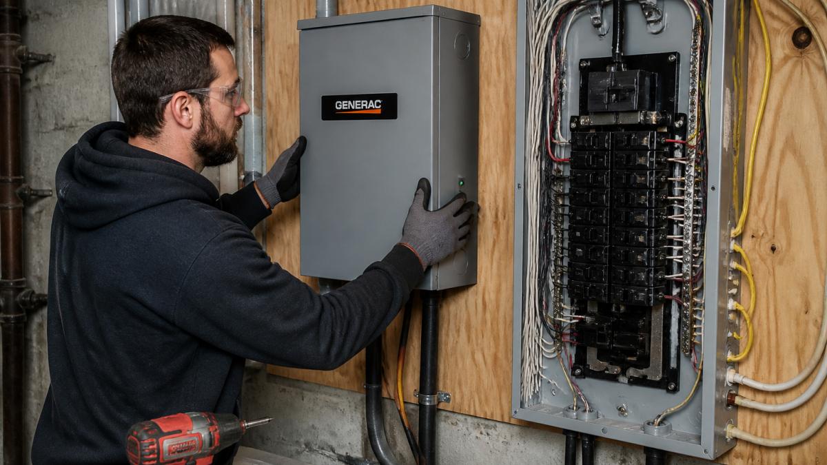 Licensed electrician mounting an automatic transfer switch for a home generator installation in a basement.
