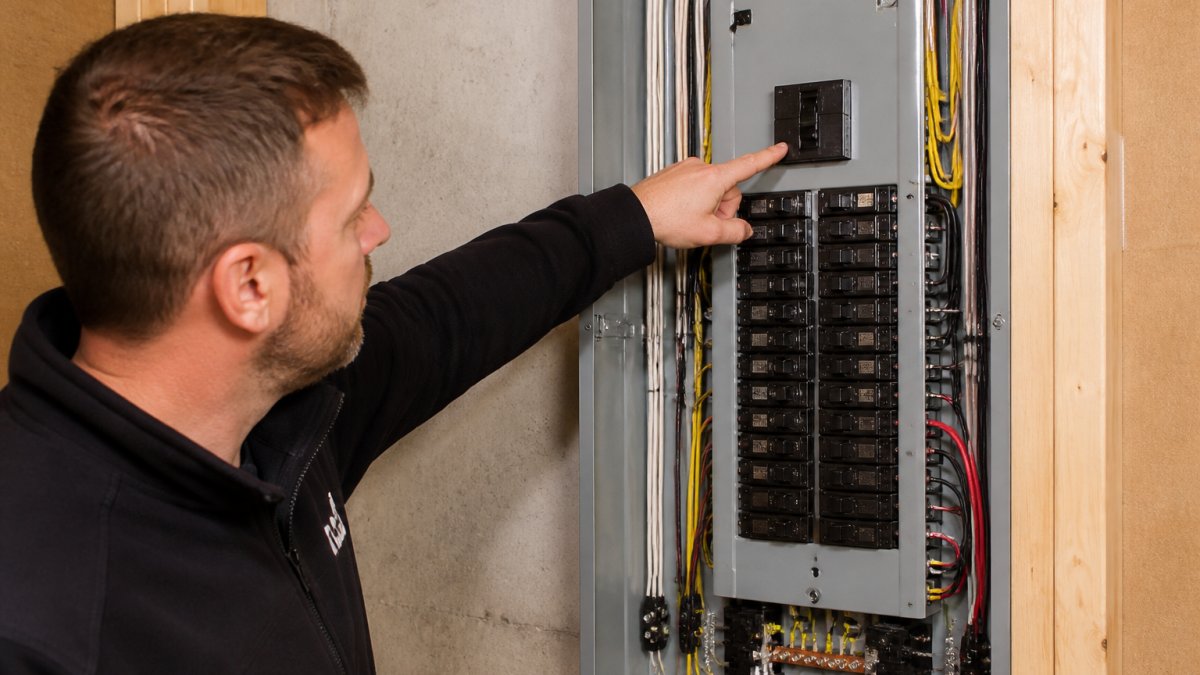 Professional electrician pointing to main breaker switch in open residential electrical panel, showing circuit breakers and labeled wiring in modern home