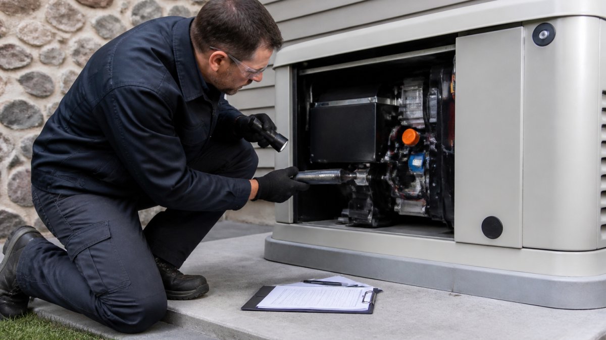 Homeowner checking the oil dipstick of an outdoor standby generator during monthly maintenance