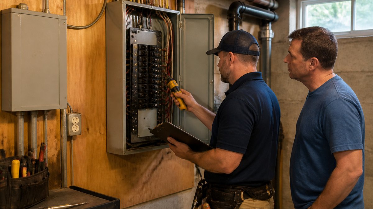A licensed electrician in a residential basement examining an open electrical panel with a clipboard and voltage tester, homeowner standing nearby, natural light from a small window