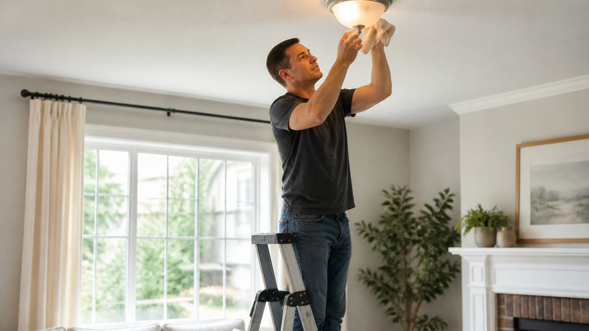 A homeowner standing on a step stool, carefully tightening a light bulb in a ceiling fixture with a cloth in hand, in a bright living room